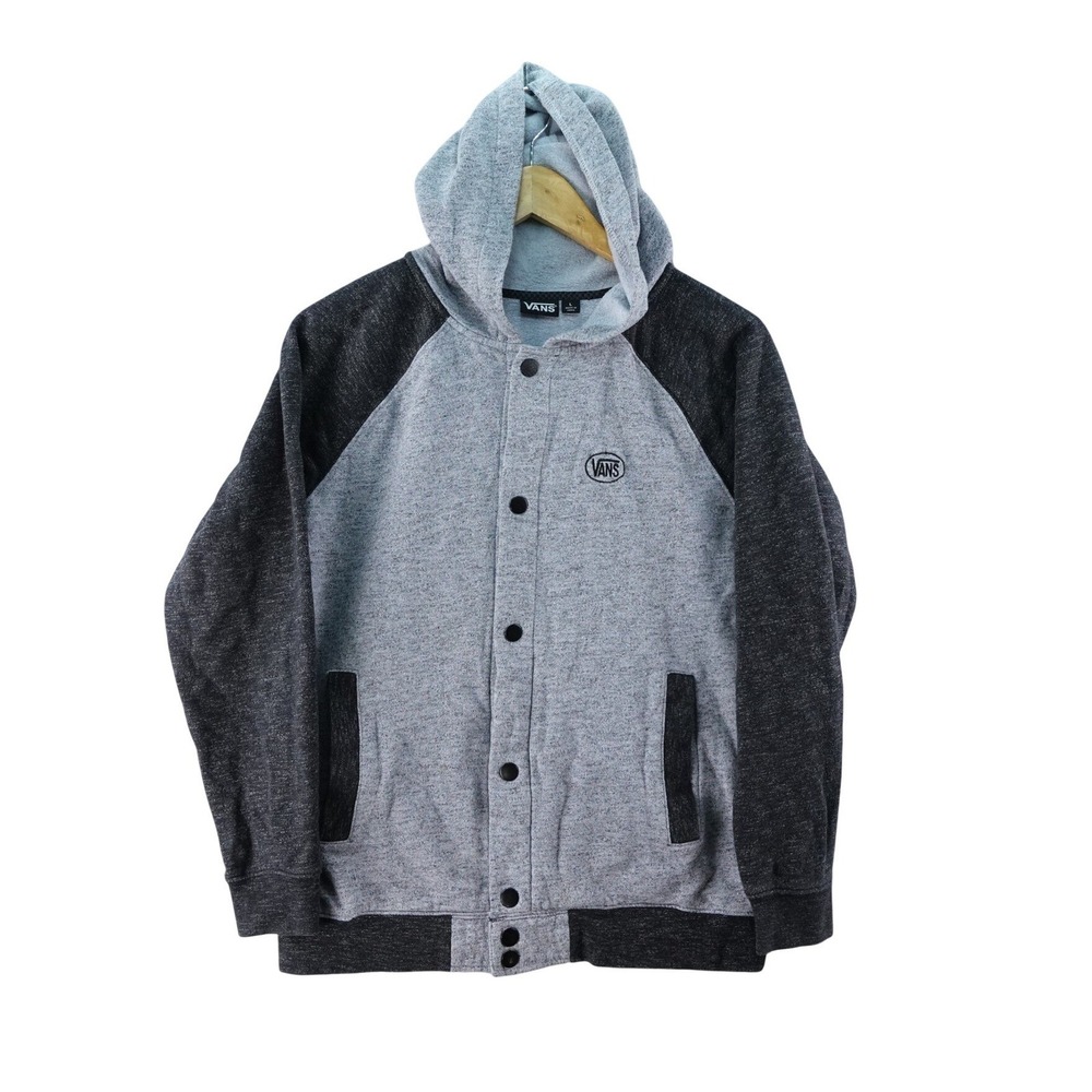 Vans Boys L Gray Black Hooded Button Up Jacket Skateboarding Casual‎ Y2K Heavy